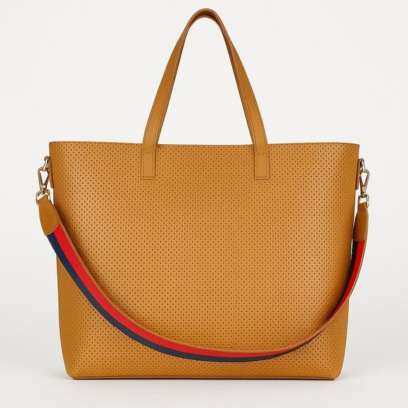New Mark & Graham Large Perforated Tan Leather Tote Bag With Red Interior & Adju - Picture 1 of 9